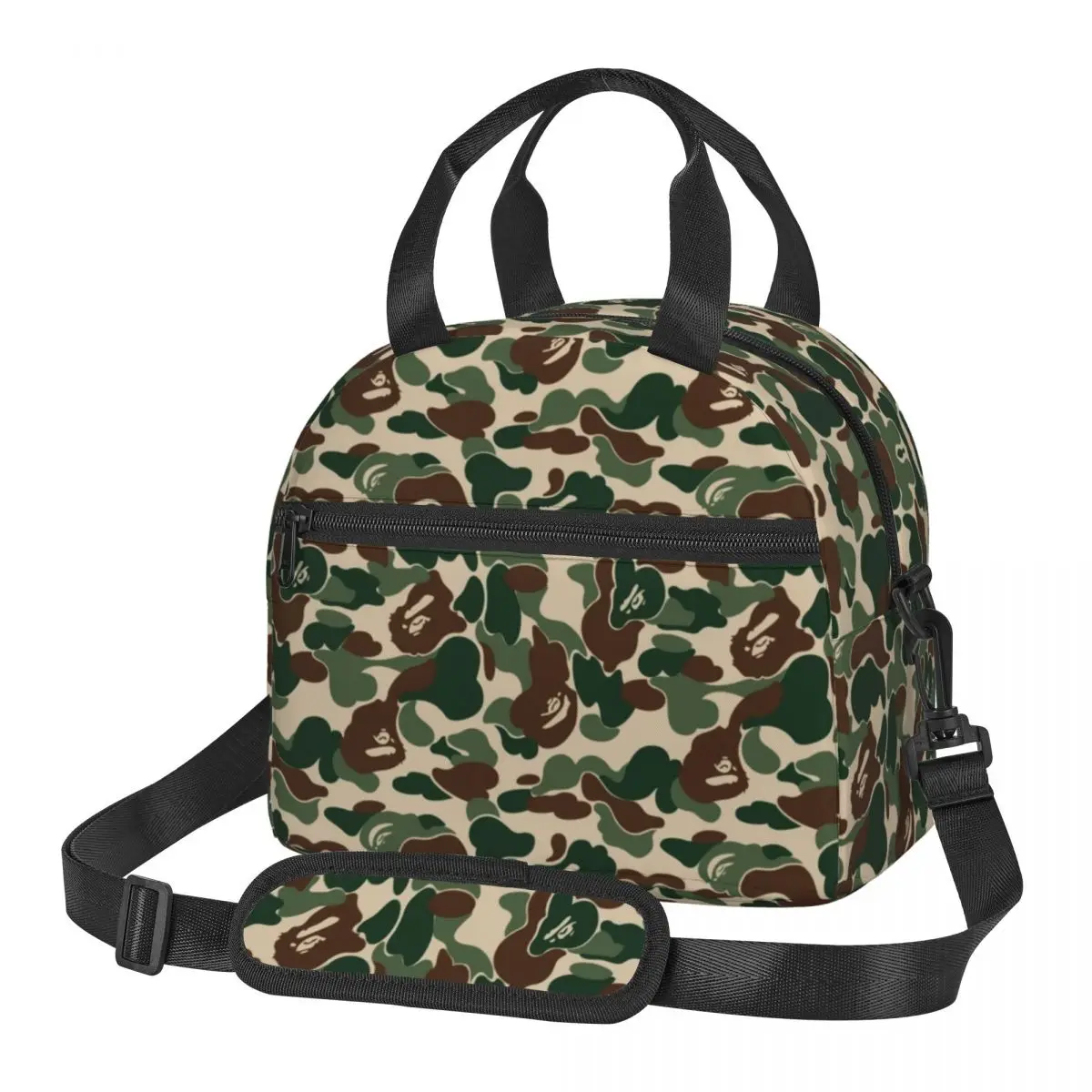 

Green Camouflage Insulated Lunch Tote Bag for Women Bape Camo Design Pattern Portable Cooler Thermal Food Bento Box Kids School