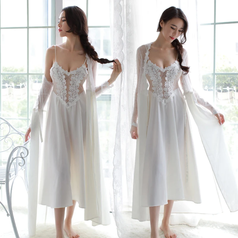 

2pcs Sexy Summer Womens Silk Bath Robe Long Gown Strap Nightdress Kimono Sleepwear L Home Wear Nightgown Suit Sleepshirts