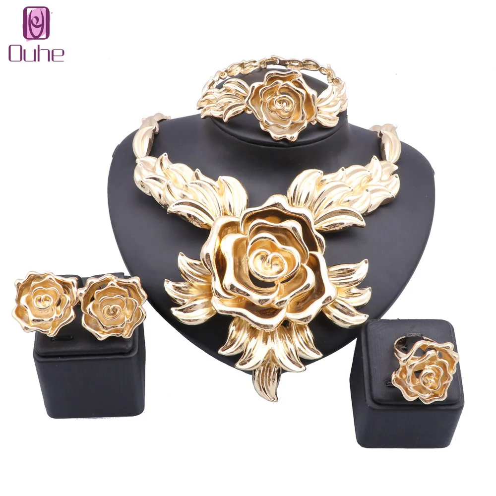 

Women's Wedding Bridal Bridesmaid Statement Rose Flower Necklace Earrings Bangle Ring Party Costume Jewelry Set