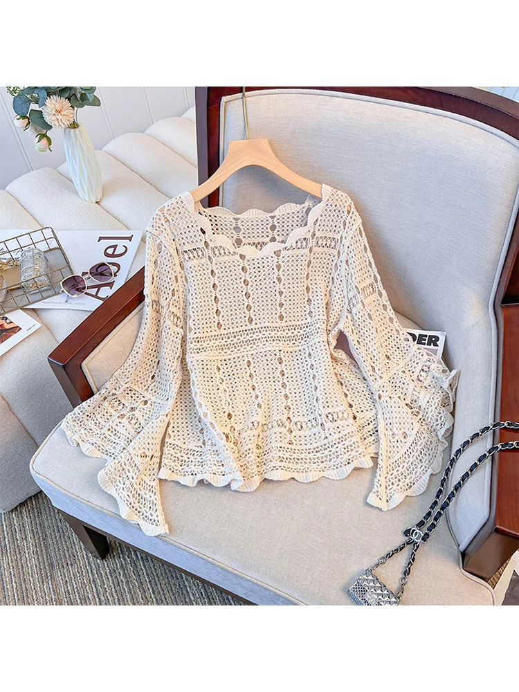 

Women's Blouses Fashion Casual Kawaii Korean Square Collar Hollow Out Shirt Elegant Vintage Y2k Ladies Long Sleeve Top Clothes