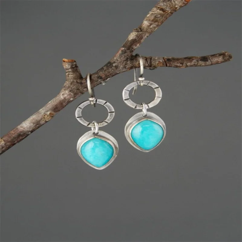 

European and American Style Retro Turquoise Earrings Handmade Round Hoop Drop Earrings High Quality Simple Fashion Earrings