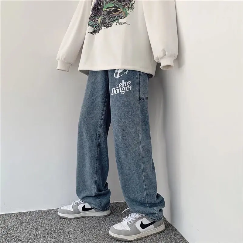 2022 New Fashion Letter Print Straight Men Baggy Jeans Trousers Hip Hop Loose Wide Daily Casual Cozy Denim Pants Pantaloni Uomo