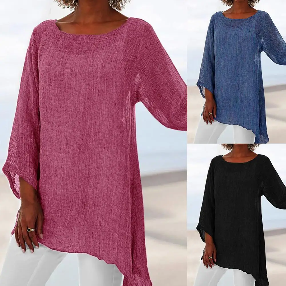 

Casual Women T-Shirt Plus Size Loose Top Long Sleeve Solid Color Irregular T Shirt Linen O-Neck Tunic Tshirt 2021