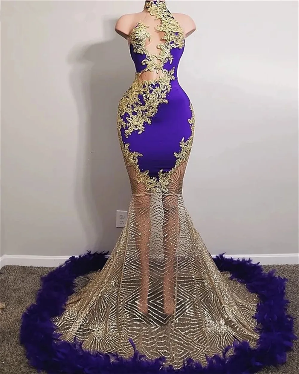 

Purple South African Prom Dresses Mermaid Halter Sequins Feather Black Girls Nigeria Robe De Soiree Evening Dresses Gown