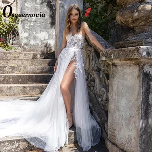 Osquernovia Jumpsuit Wedding Dresses 2023 High Slit Strapless Appliques Glitter Lace A-line Backless Sexy Abito Da Sposa