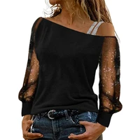 stylish women blouse solid color off shoulder sexy shiny net yarn pullover top summer autumn slash neck t shirt for daily wear