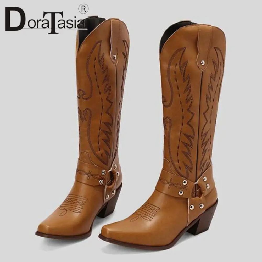 Brand Design Female Vintage Western Boots Fashion Embroider Sewing Chunky High Heels women's Boots Casual Cowgirl Shoes Woman