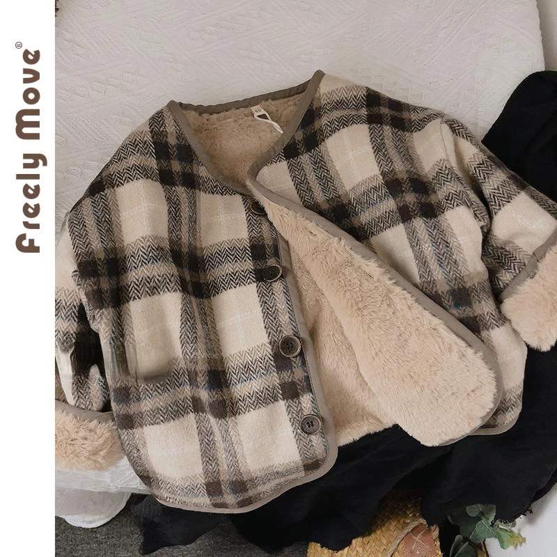 

2023 New Thickened Warm Children's Jackets Plaid Button Coats Loose Baby Girls Jackets Kids Clothes Girl Boy Outerwear