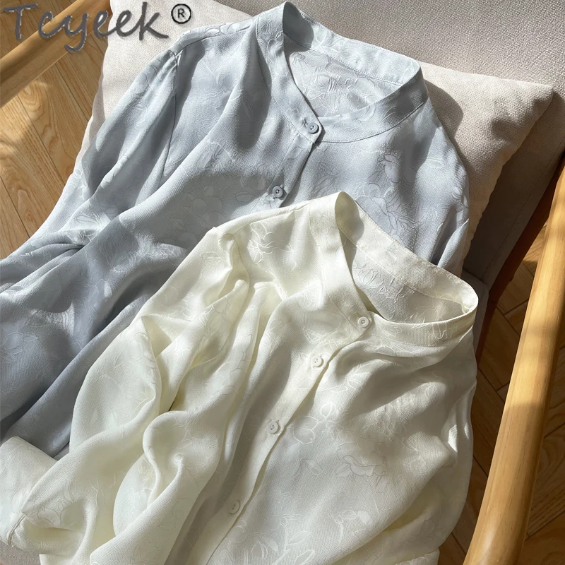 Женская блузка из натурального шелка с длинным рукавом и воротником-стойкой