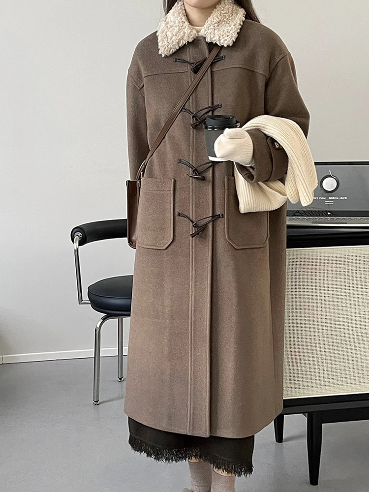 

Пальто Ailegogo женское с воротником из искусственного меха ягненка, утепленное длинное хлопковое пальто в винтажном стиле, Свободное пальто с ...