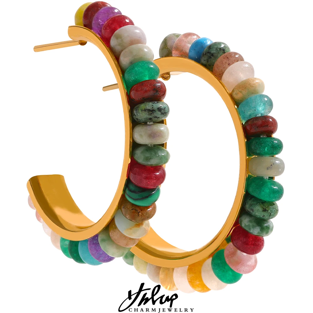 

Yhpup Tarnish Free Natural Stone Stainless Steel Bohemia Hoop Earrings Vintage Aesthetic Multi Color Exquisite Jewelry Women