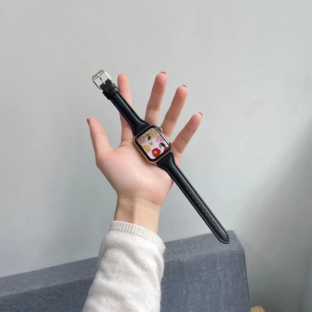 Slim Thin Leather strap for Apple Watch Band 41mm 45mm 40mm 44mm 42mm correas para Women Bracelet iWatch Series 8 7 6 5 se Ultra