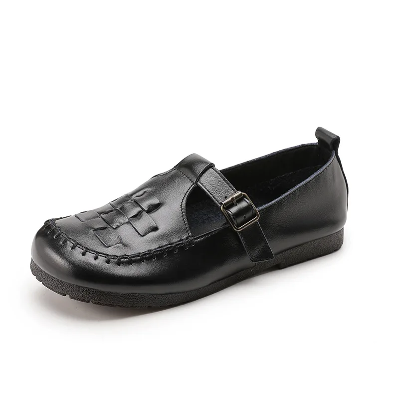 2023 black moccasins for women summer T strap designer shoes flats woman woven loafers buckle genuine leather wide ballet flats