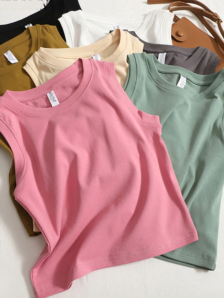 

ELLIEXI Women Cotton Tank Tops Casual Knitting Tops O-Neck Solid Slim Sleeveless Tops Women Motion Tank Tops Basic