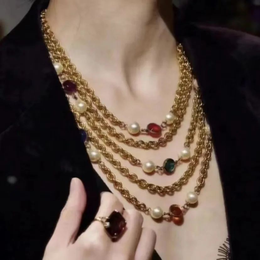 

Vintage Medieval [Brilliant] Heavywork Beaded Multilayer Necklace Light Luxury Fashion Versatile Jewelry for Women