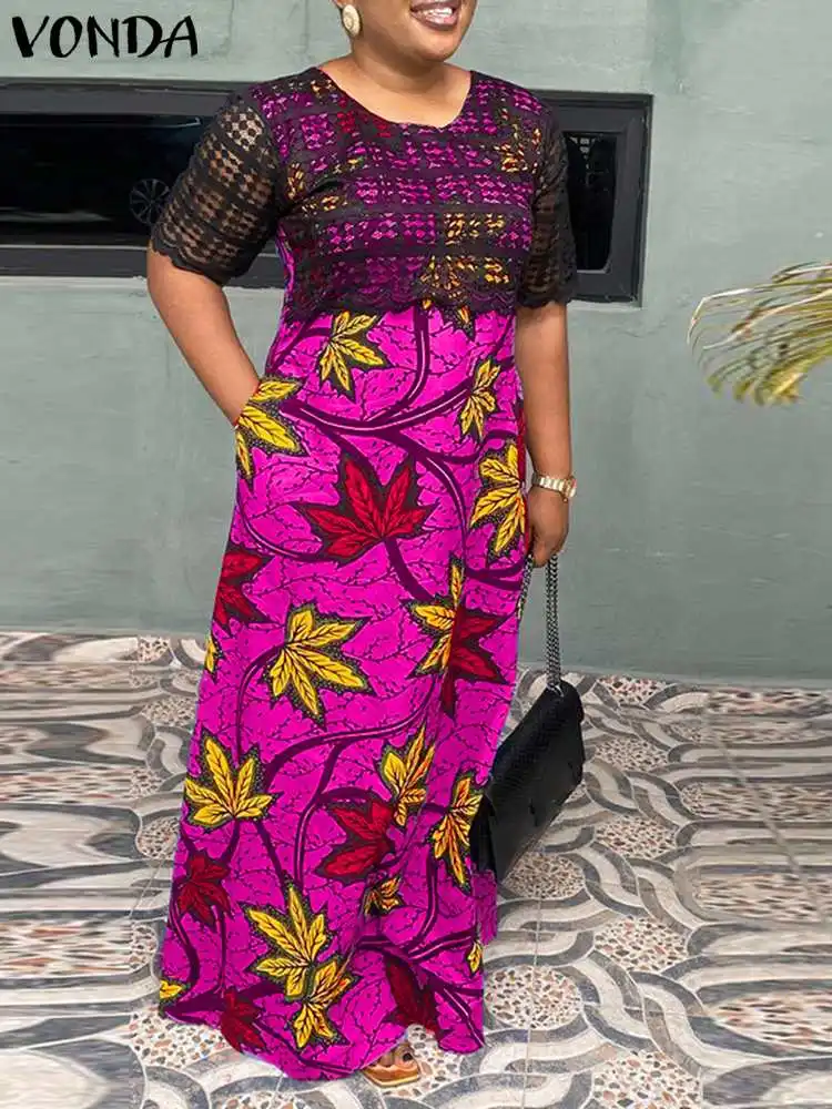 

VONDA женское богемное 2022 женское повседневное кружевное платье с коротким рукавом Длинные Платья с цветочным принтом Сарафан с круглым выре...