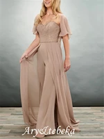 jumpsuit mother of the bride dress elegant sweetheart neckline chiffon lace short sleeve with pleats