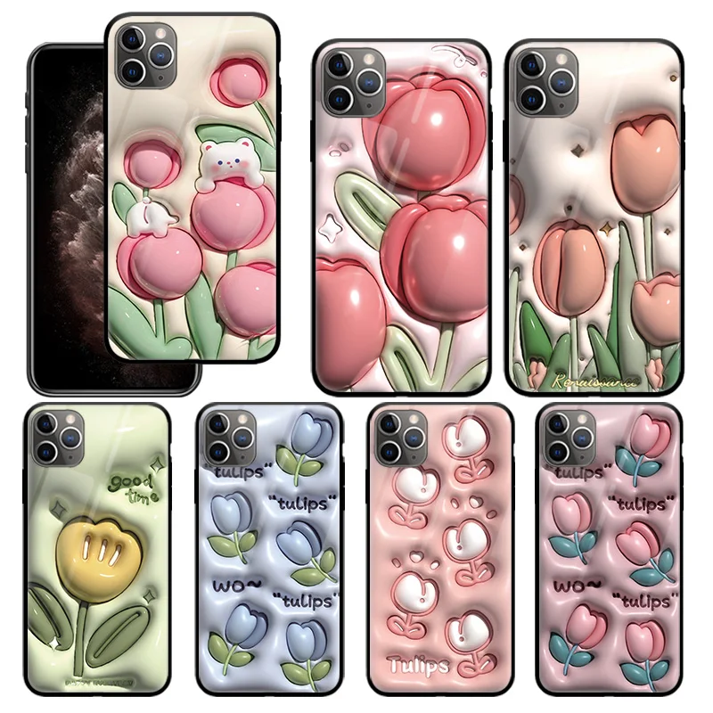 

3D Vision tulips For Apple iPhone 14 13 12 Mini 11 XR XS Pro Max X 8 7 6S SE 2020 Plus Tempered Glass Phone Case