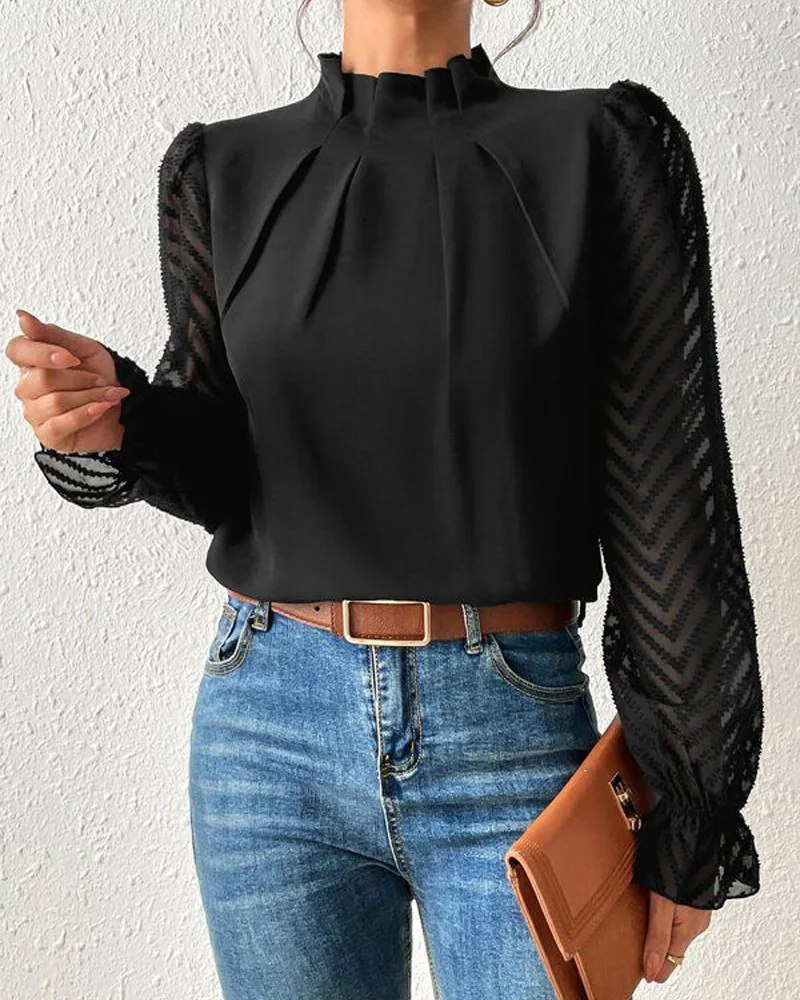 

Elegant Women's Shirt Office Lady Blouse 2023 Autumn Half High Collar Panel Ruched Long Sleeve Top Women's Shirt Black