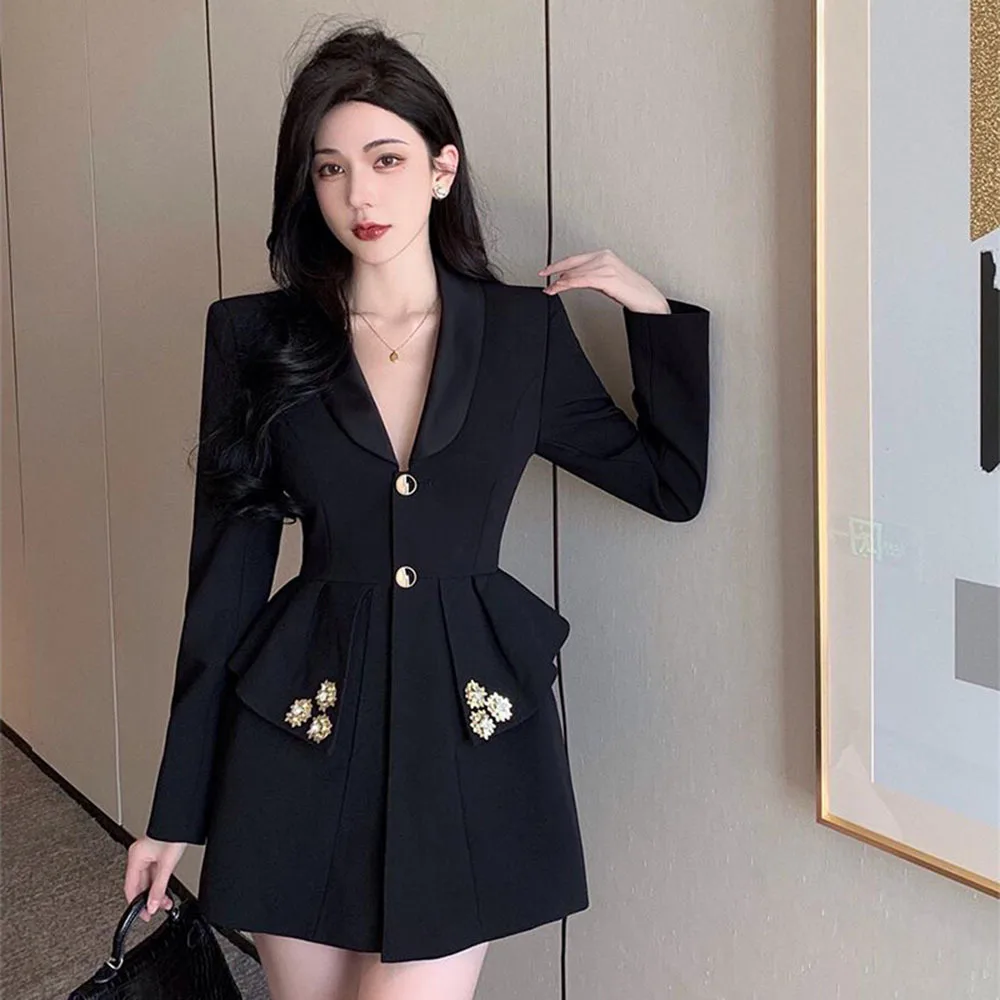 

Beaded Patchwork Black Suit Jacket For Women Sexy Backless Bandage Bow Slim Blazer Dress Women Party Clothes Business Suit Dress