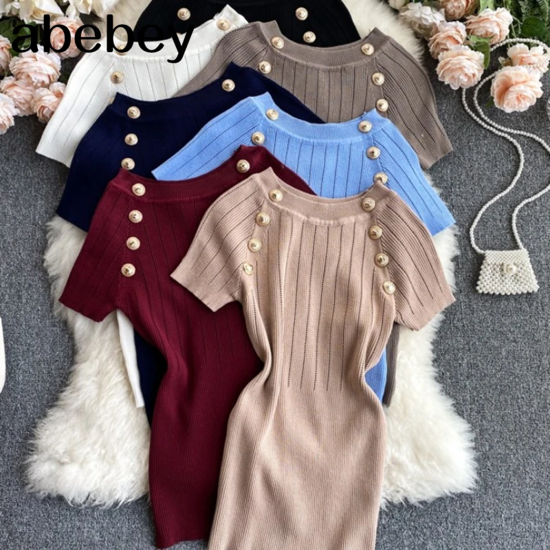 

Short Sleeve O-neck High Quality Knitted T-shirts With Decorated Buttons Girls Stretchy Top Thin Tshirt Summer Tees For Women