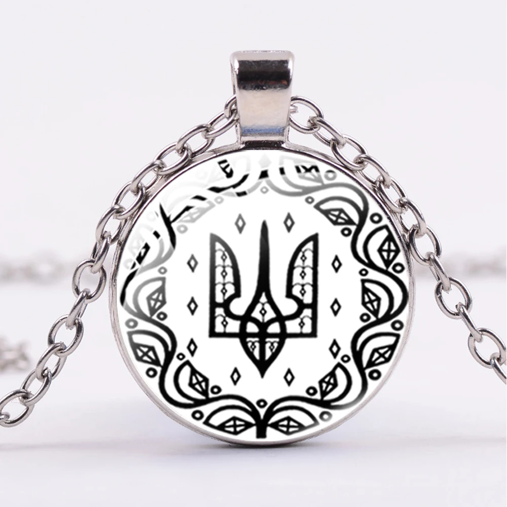 

Love Peace Tryzub Necklaces Trident Symbol Rune Art Pattern Glass Dome Pendant Necklaces For Men Women Gifts Classic Jewelry