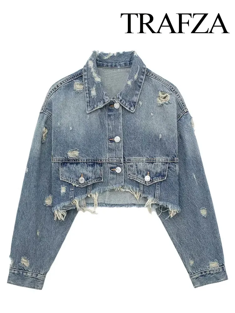 

TRAFZA Women Fashion Jackets 2023 Denim Turn Down Collar Cropped Jacket Woman With Irregular Holes High Street Female Coats