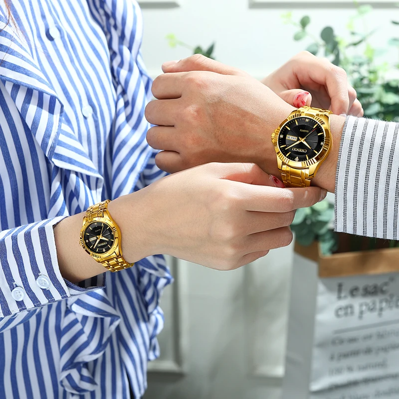 His Hers Watch Sets Gold Watches Men Stainless Steel Fashion Business Week Calendar Quartz Wristwatch Couple Watch Free Shipping