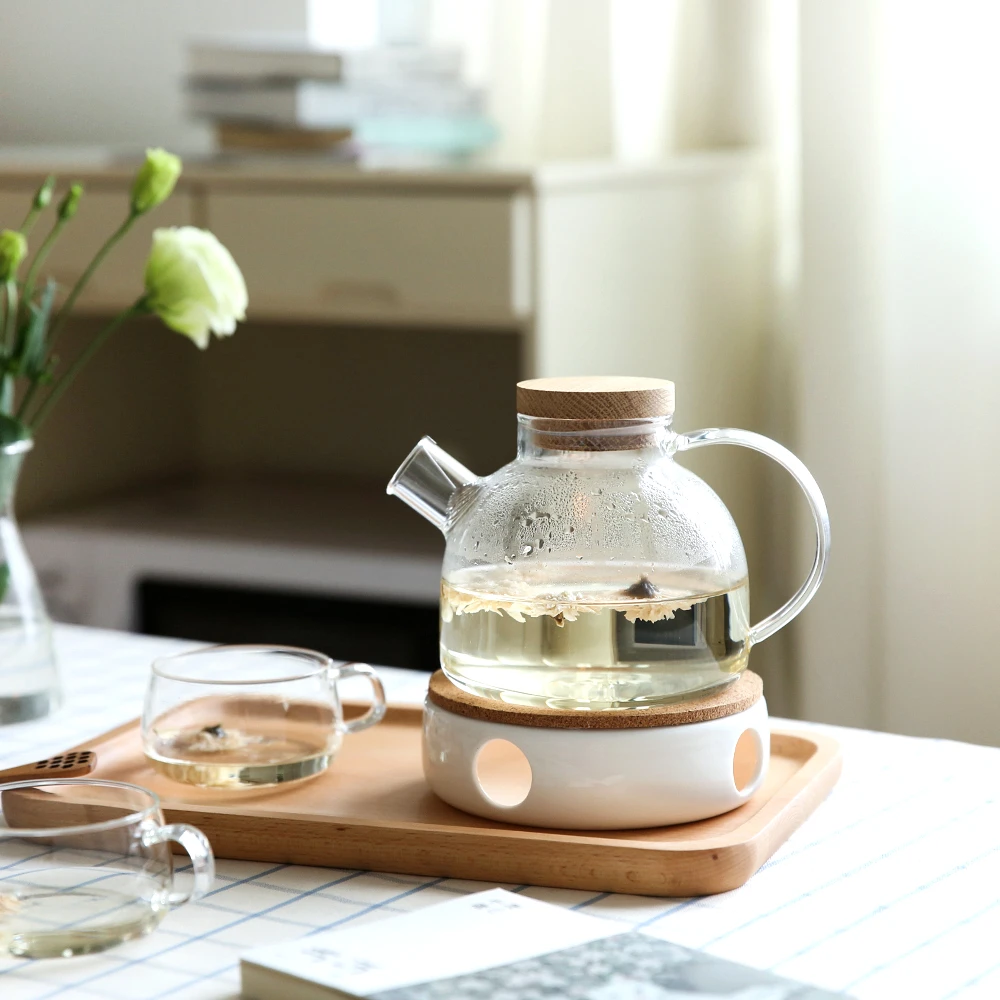 

1L/1.8L Large Capacity Drinkware Glass Teapot Teaware Tea Pot Heat-Resistant Kettle Wooden Lid Home Office Coffee Bar Supplies