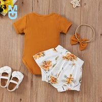 new 3pcs baby summer outfits solid color short sleeves romper sunflower shorts hairband for toddler girls 0 24 months