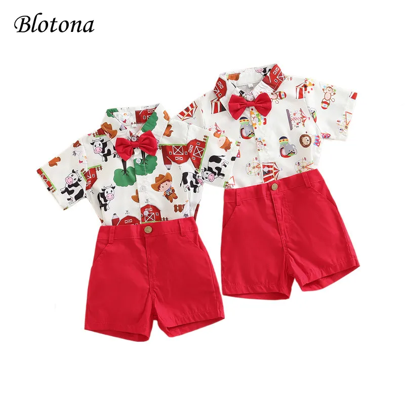 

Blotona Boys Christmas Outfits, Farm/Circus Cartoon Animal Print Short Sleeve Shirts with Gentleman Bow Tie +Shorts Set, 6M-5Y
