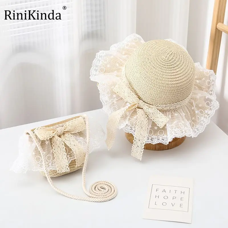 

Sweet Kids Sun Hat 2023 New Girls Summer Bow Lace Straw Cap with Bag Baby Travel Vocation Hats Fisherman Hat for Child