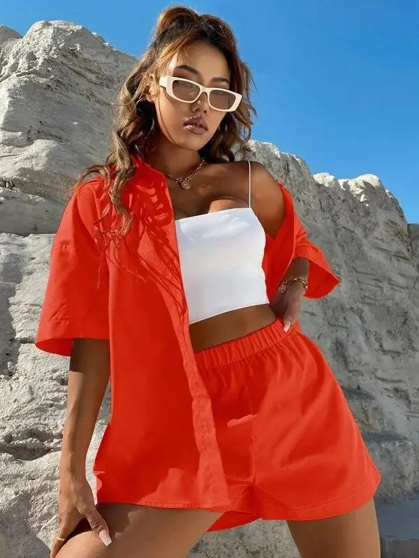 

Женский комплект с шортами на завязках и эластичным поясом, летняя простая однотонная женская рубашка, наряды, хлопковая льняная рубашка, Свободный Повседневный комплект из 2 предметов