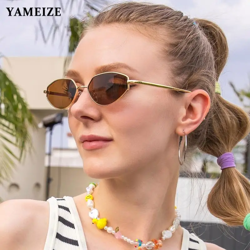 

YAMEIZE Oval Sunglasses Women Luxury Triangle Punk Cat Eye Sun Glasses Men UV400 Shiny Shades UV400 Goggles Small Eyewear 2022