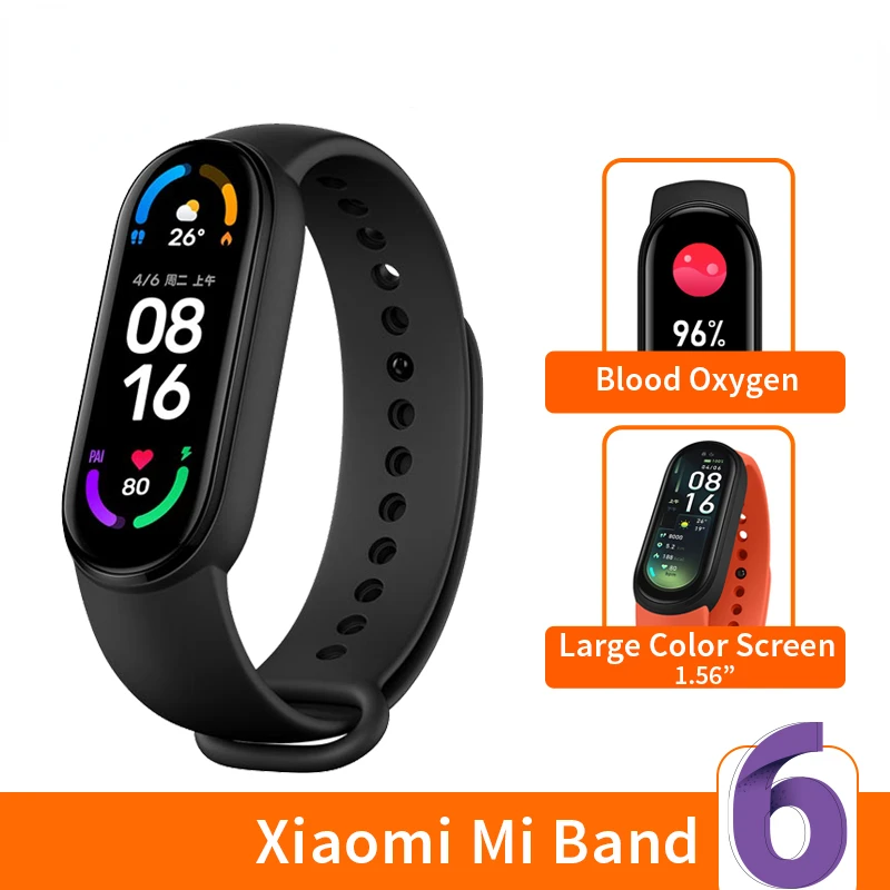 

Смарт-браслет Xiaomi Mi Band 6, водонепроницаемый фитнес-трекер с AMOLED экраном, оксиметром в крови, Bluetooth