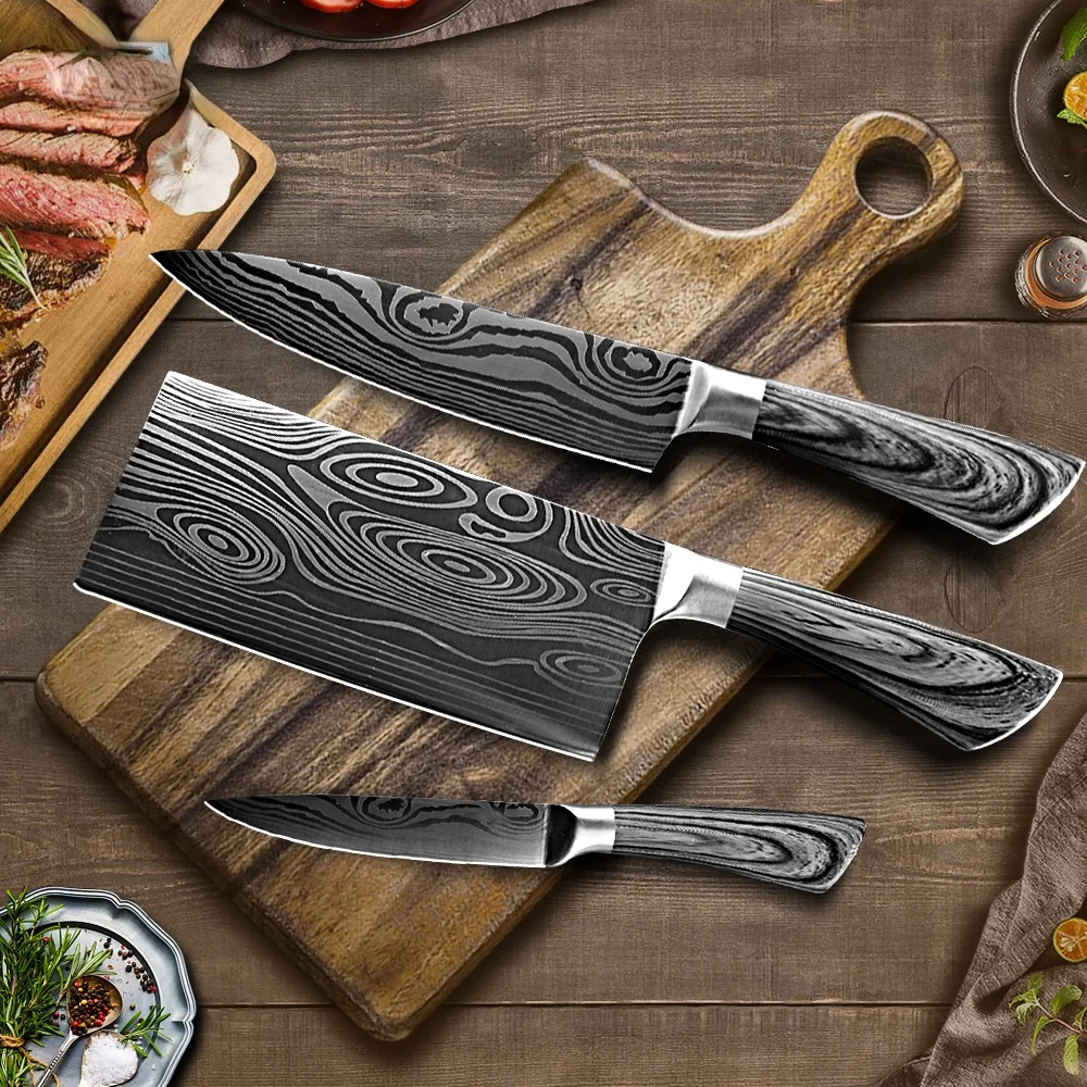 

Professional Chef Knife Set Damascus Laser Pattern Meat Chopping Slicing Vegetable Cutter Cleaver Kitchen Knives Stainless Steel