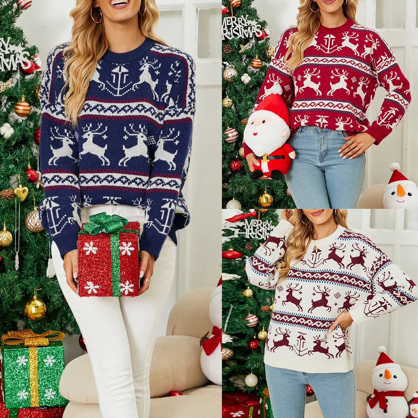 

2023 New Year Clothes Women Christmas Style Pullover Sweater Long Sleeve Elk Printed Knitted Top Sweater Womens Clothing Outfit