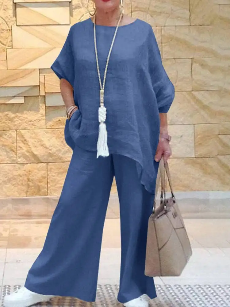 

ZANZEA Fashion Summer Women Solid Matching Sets 2PCS Urban Tracksuit O-Neck Half Sleeve Work OL Blouse Elastic Wide Leg Trouser