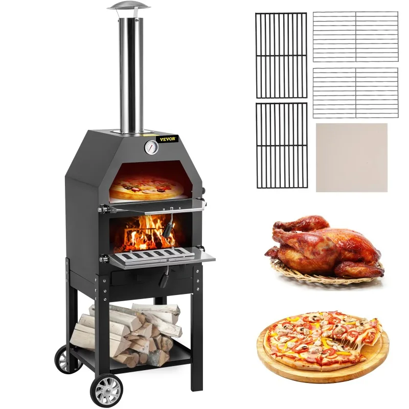 

12" Wood Fire Oven, 2-Layer Pizza Oven Wood Fired, Wood Burning Outdoor Pizza Oven with 2 Removable Wheels