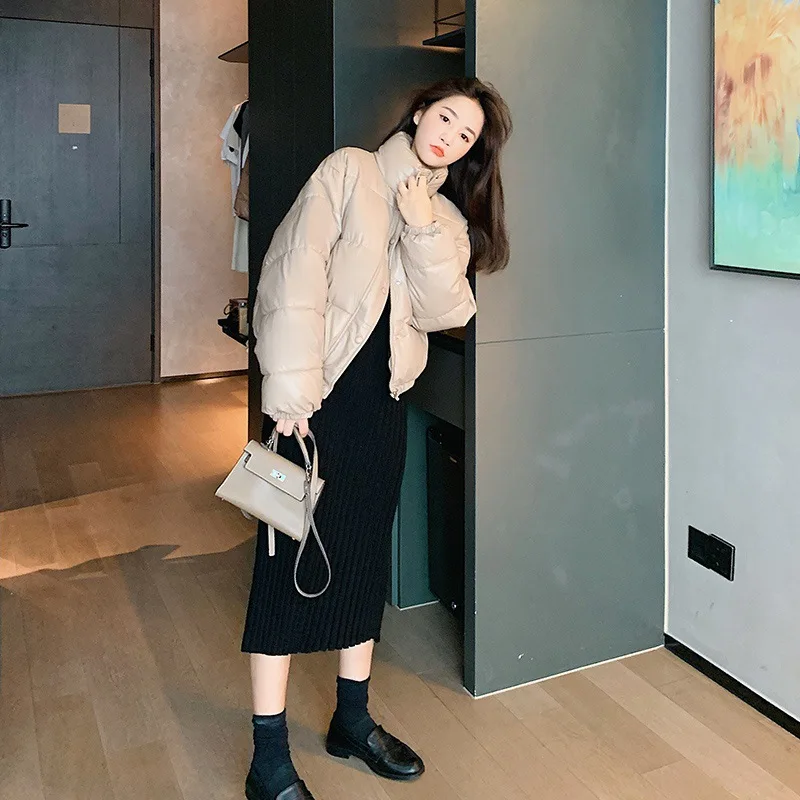 Women Pu Leather Short Down Coats Autumn Winter New Fashion Stand Collar Thick Coats Casual Commute All-Match Solid Color Jacket