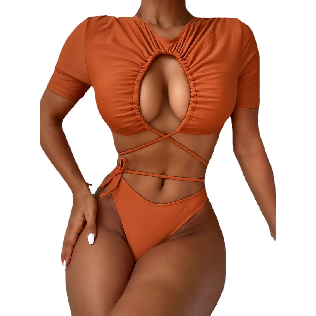 

Купальник-танкини с запахом, комплект бикини 2022, женский купальный костюм с коротким рукавом, женская одежда для плавания с вырезами, купаль...