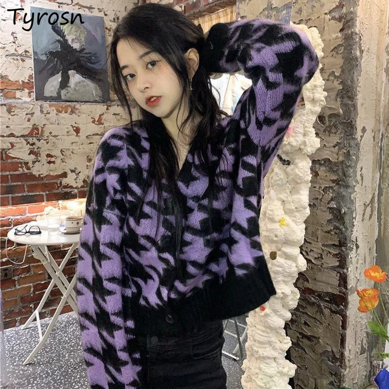 

Purple Striped Cardigan Women Designer Button Up Long Sleeve Outwear Retro Streetwear V-neck Soft Loose Knitted Sweaters Woman
