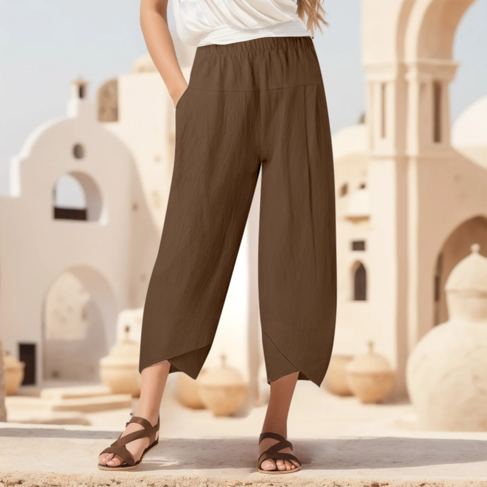 2023 Women Cotton Linen Harem Pants Summer Casual Loose High Waist Pocket Trousers Female Vintage Ankle-Length Wide Leg Trousers