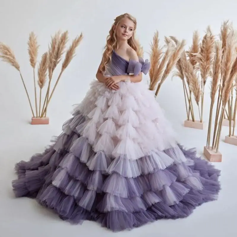 

Elegant Tulle Flower Girls Dress for Wedding Bridesmaid Robe Pageant One Shoulder Princess Birthday Party Gown