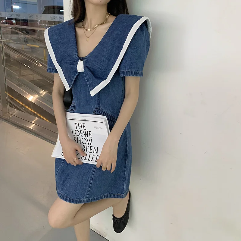 

Summer 2022 New Korean Style Fashion Vintage Denim V Collar Pullover High Waist Casual Mini Dress Female Vestidos Femme E26
