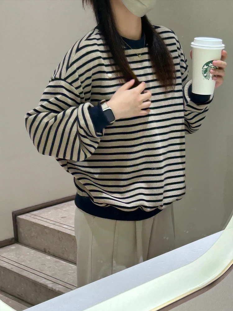 [В наличии] Пуловер в полоску контрастного цвета вязаный женский осенне-зимний