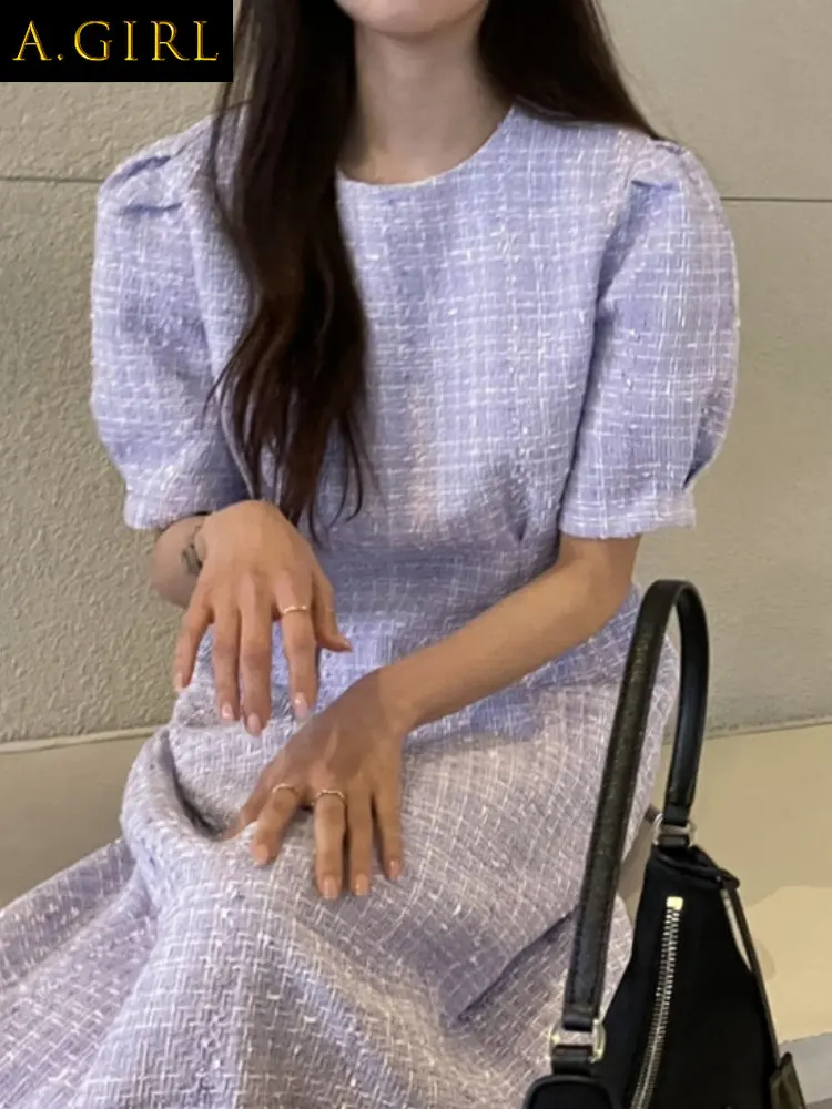 

M GIRLS Women Short Puff Sleeve Tweed Dress Summer Caual All Match One Piece Dresses Korean Chic Vintage Robe Loose Vestidos