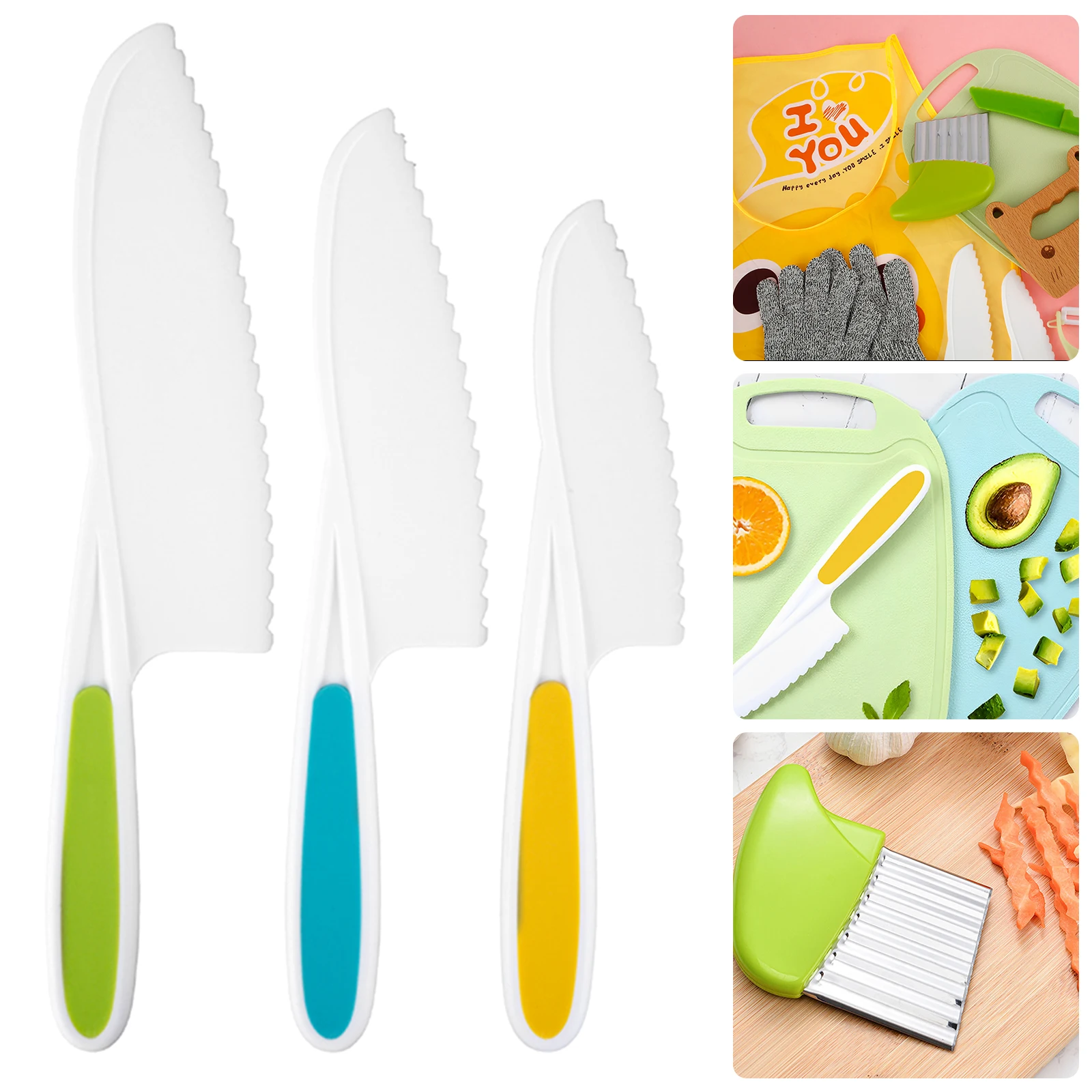 

Kids Kitchen Cutter Set Wooden Toddler Safety Cutters Reusable Plastic Cutters Set with Wood Safe Cutter Serrated Edges Plastic