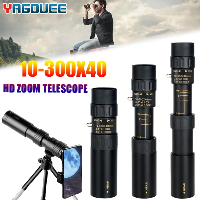 

4K Video 10-300x40 Metal Monocular HD Zoom Telescope Portable Telescope Binoculars with Tripod Phone Holder for Camping Travel