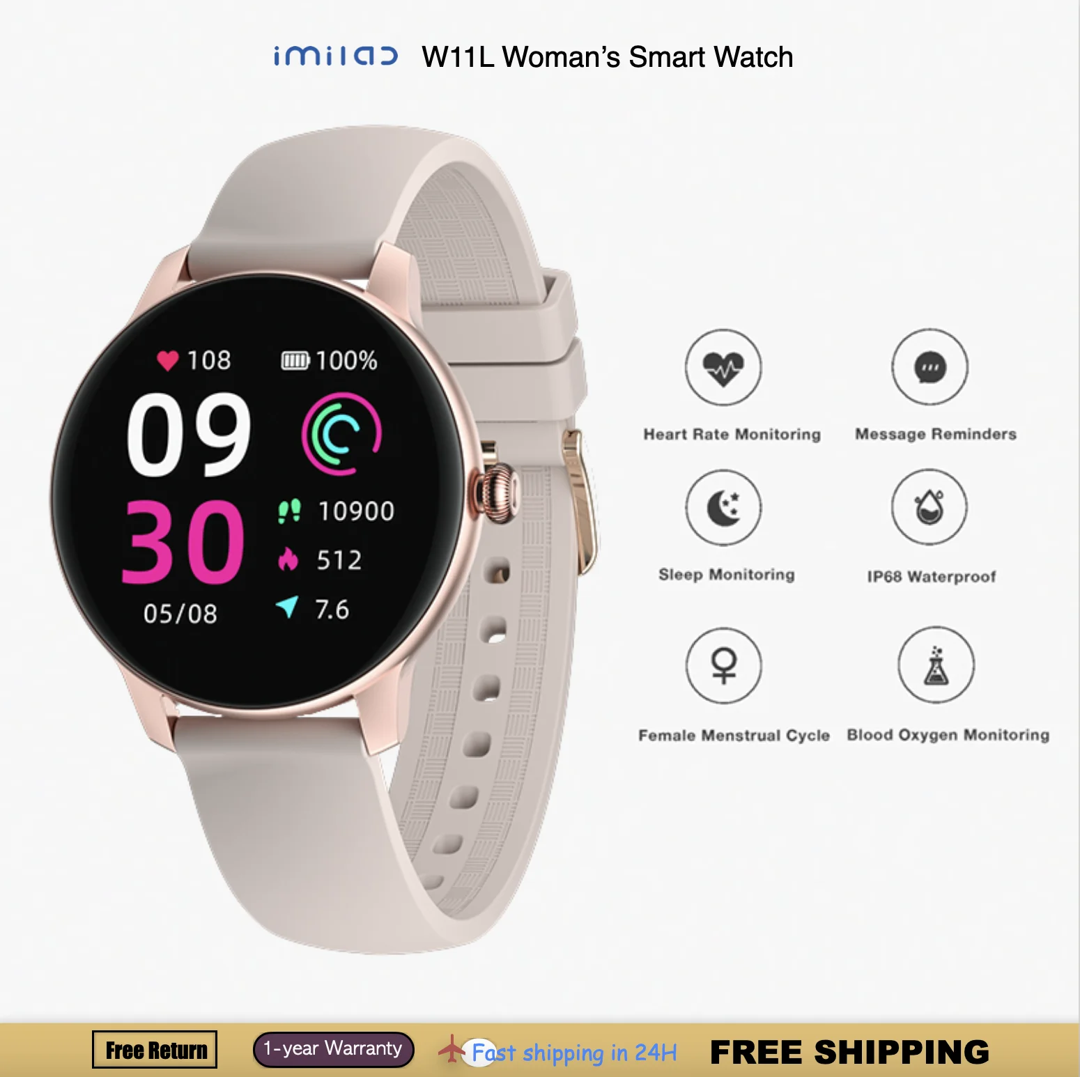 

IMILAB W11 Lady Smart Watch Sleep&Heart Rate Monitoring Sport Mode IP68 Waterproof Fitness Tracker Message Reminder Music